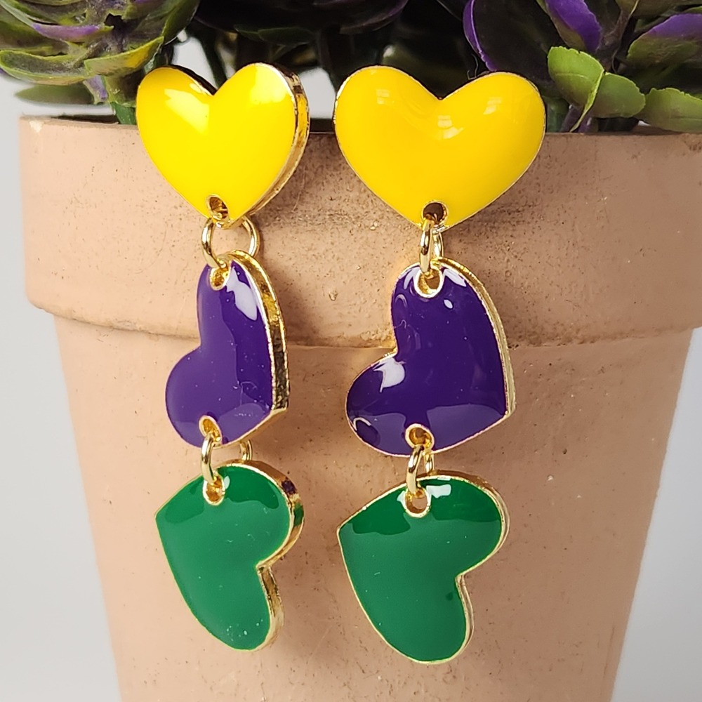 Mardi Gras Heart Drop Earrings Purple Green Yellow Enamel Gold Tone Dangle 2"